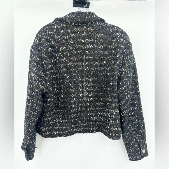 Marled Black Tweed Cropped Jacket Gold Button Boucle Blazer Size Large - Picture 2 of 4